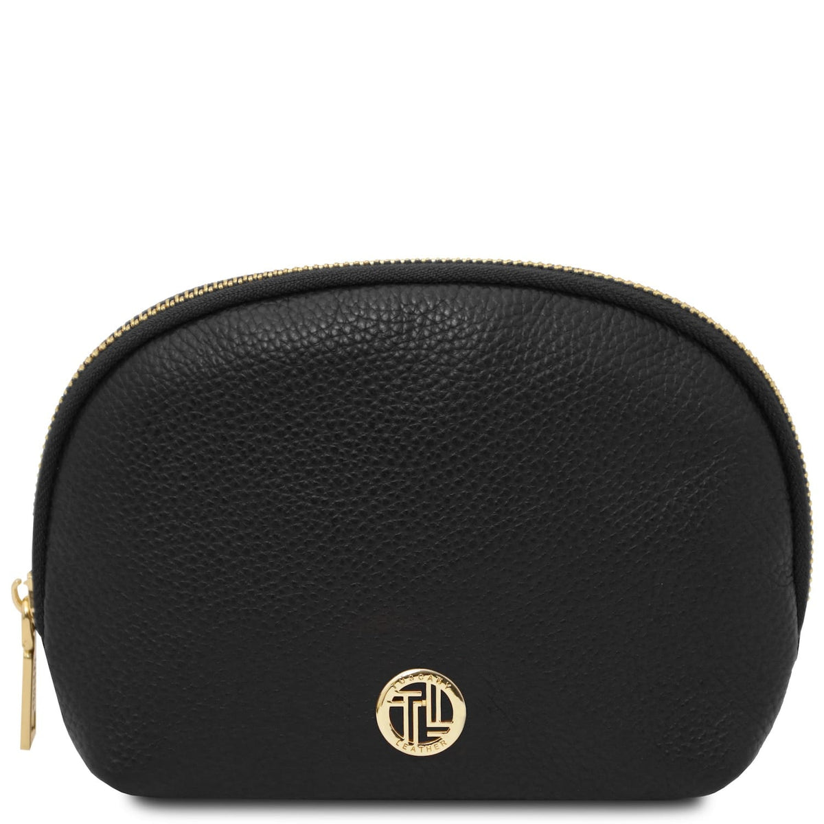 Nero pelle martellata rounded toiletry case con zip color oro e logo.