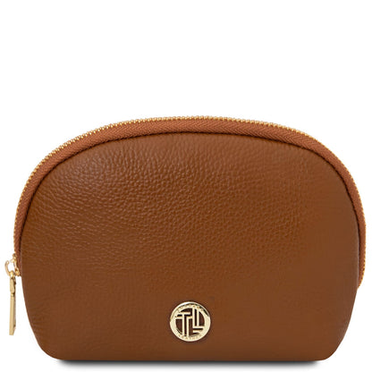 Vera pelle morbida toiletry case in warm cuoio marrone con zip color oro e round emblema logo color oro