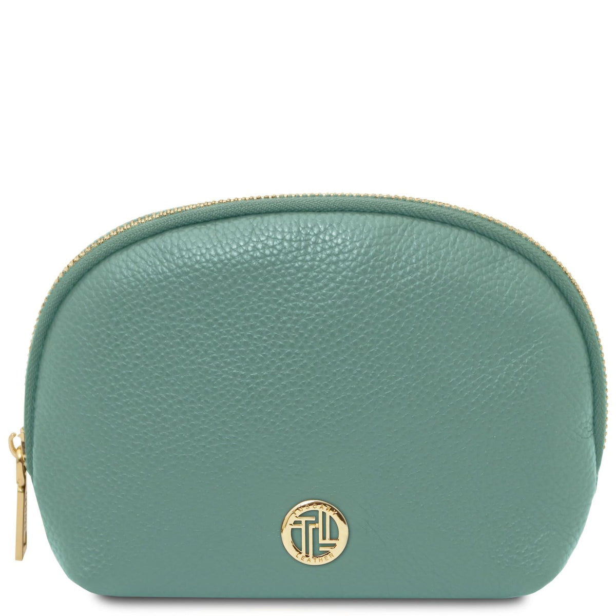 Vera verde petrolio pelle morbida toiletry case con zip color oro e circular placca logo color oro