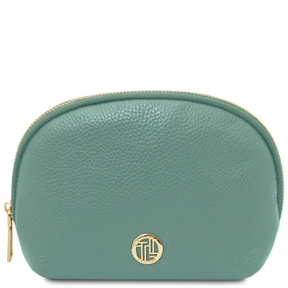 Vera verde petrolio pelle morbida toiletry case con zip color oro e circular placca logo color oro