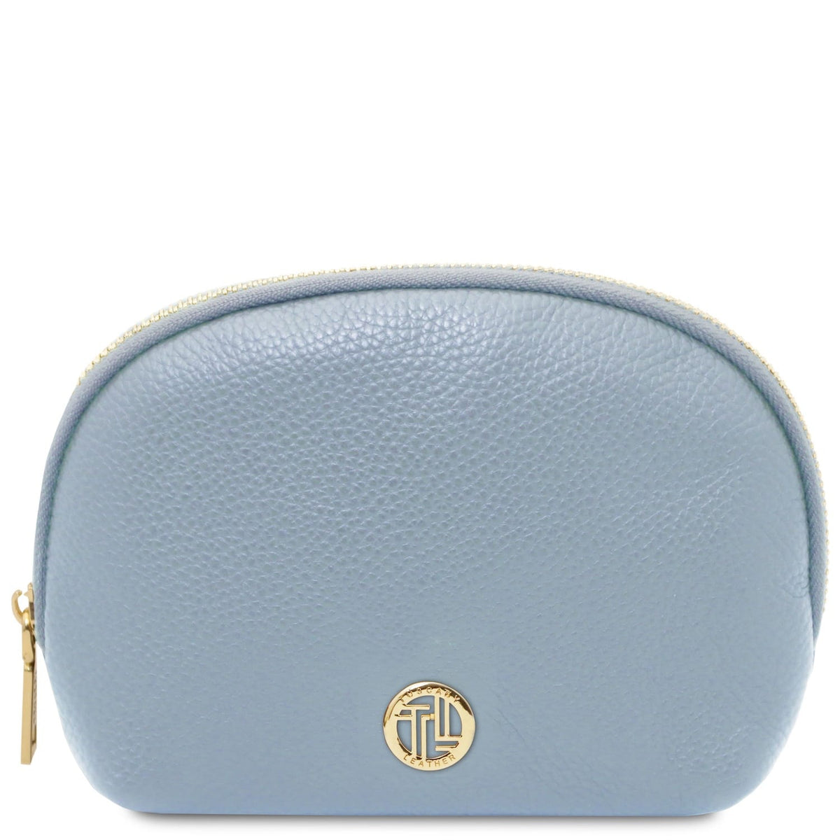 Azzurro soft pelle martellata toiletry case con rounded shape e gold-tone zipper pull detail.