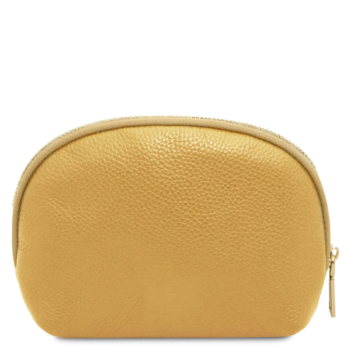 Soft yellow pelle pieno fiore toiletry case con texture martellata e top zipper closure, crafted in Italy.