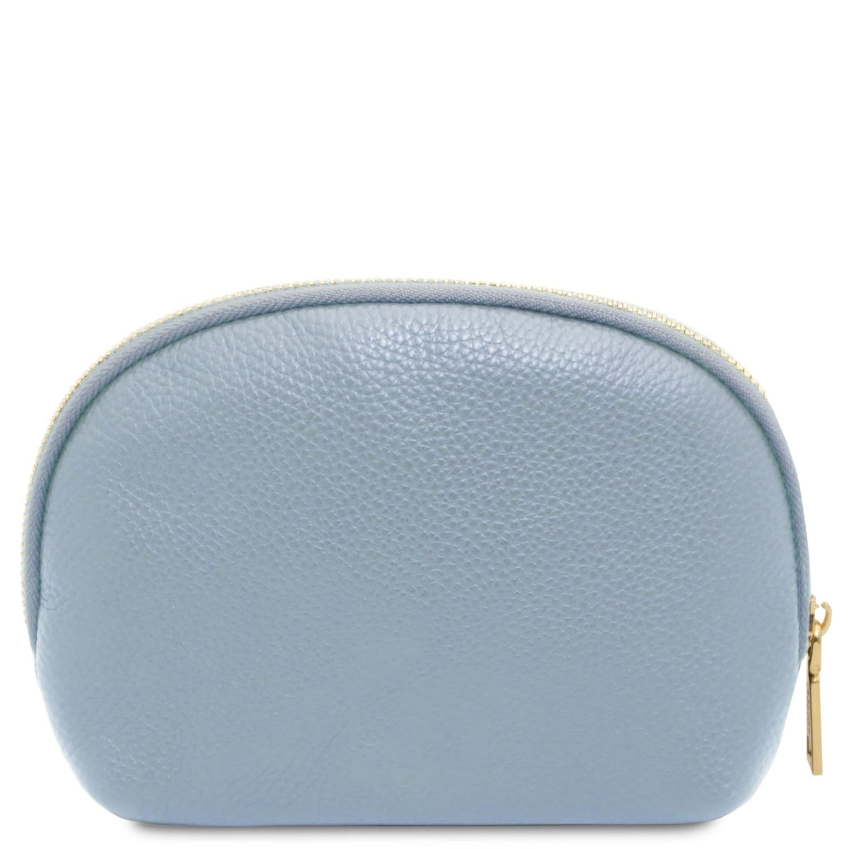 Azzurro pelle martellata toiletry case con rounded shape e top zipper featuring accessori metallici color oro detail.