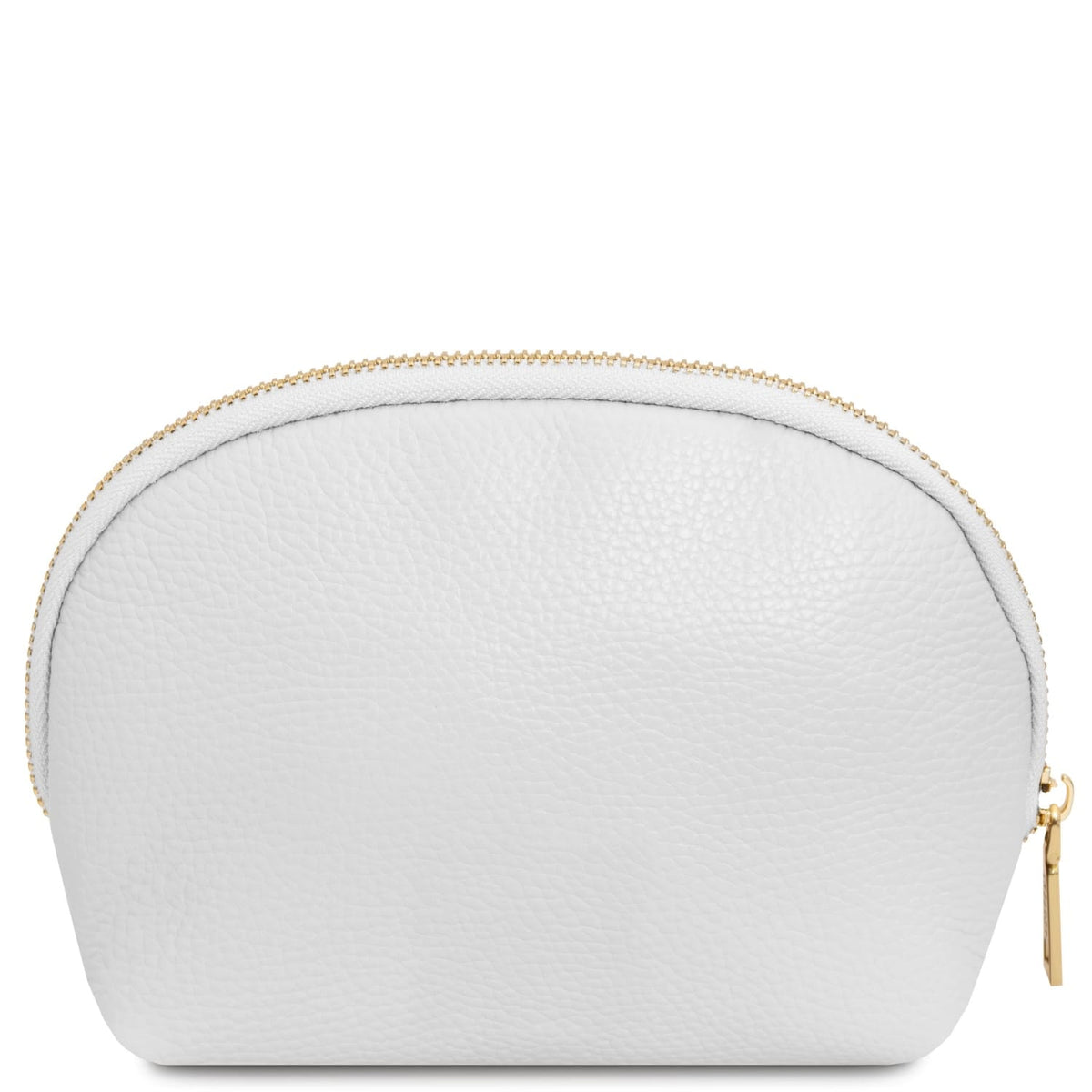 Bianco pelle morbida toiletry case con texture martellata e gold-tone zipper closure, minimalist travel leather accessory.