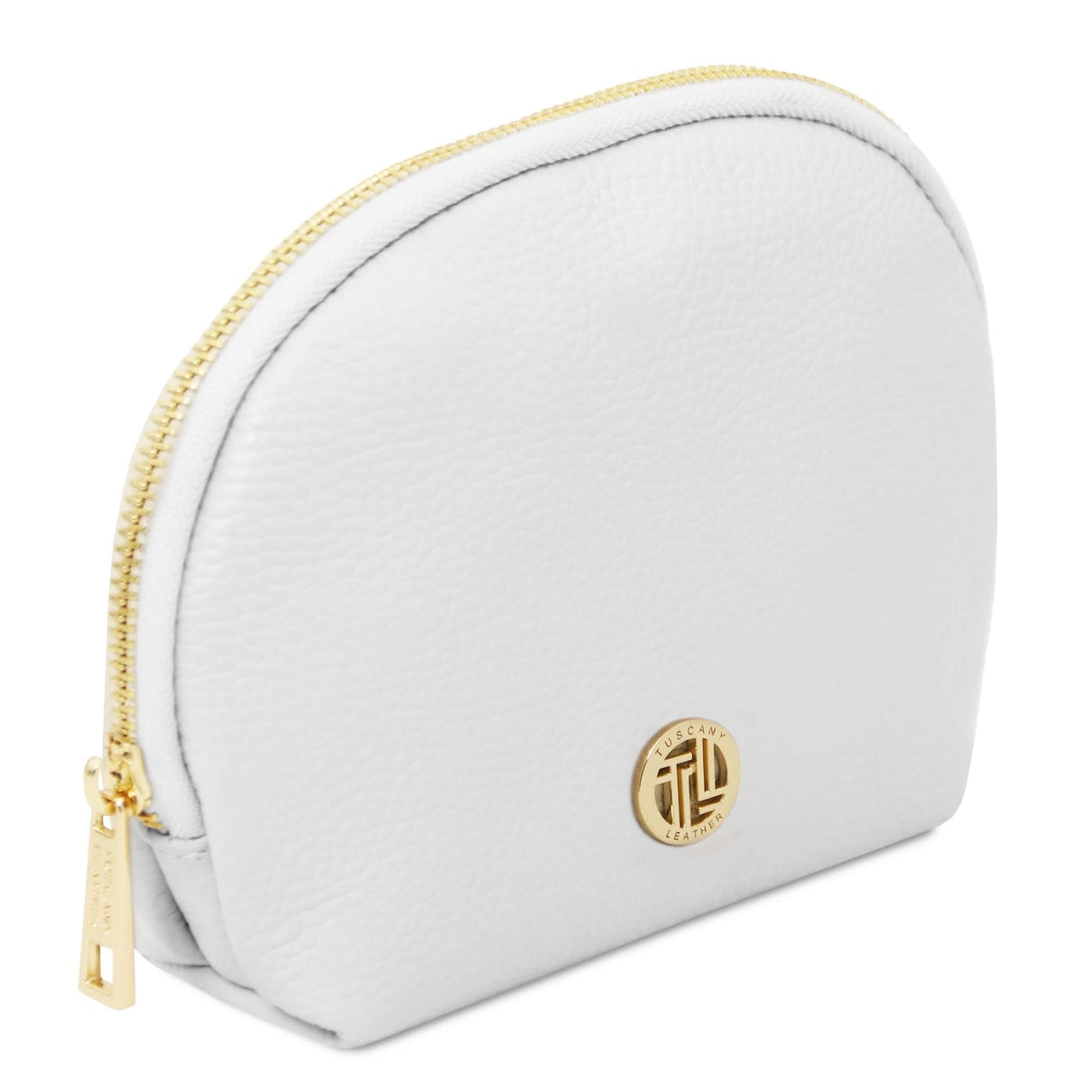 Bianco pelle morbida toiletry case con zip color oro e round metal emblem on front, featuring texture martellata.