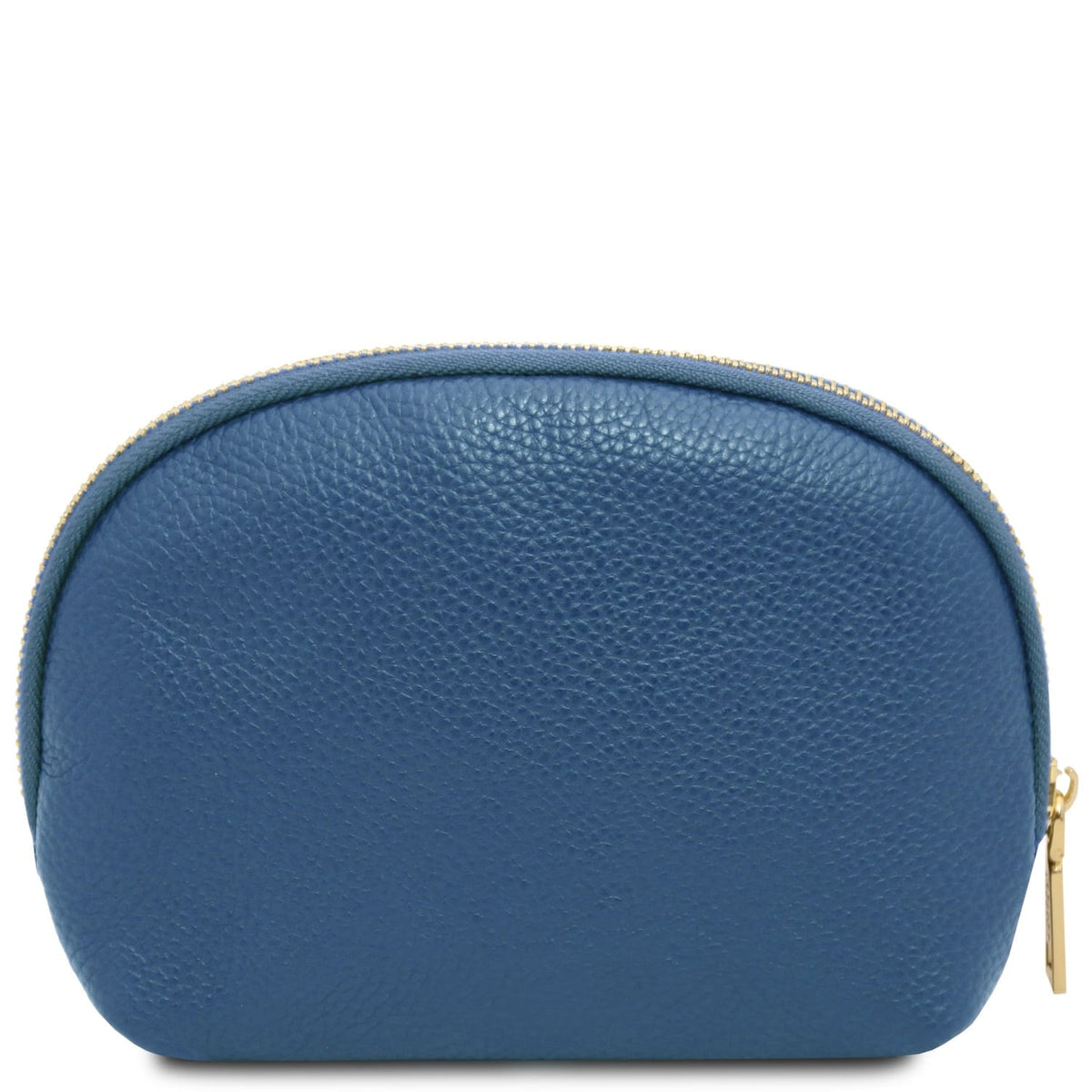 Blu soft pelle martellata toiletry case featuring a rounded top zipper e design minimalista.