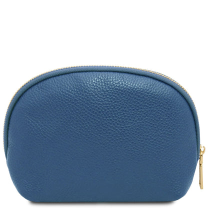 Blu soft pelle martellata toiletry case featuring a rounded top zipper e design minimalista.