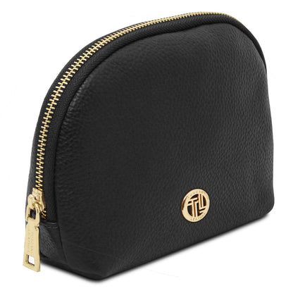 Vera pelle morbida toiletry case in nero con zip color oro e round emblema logo color oro