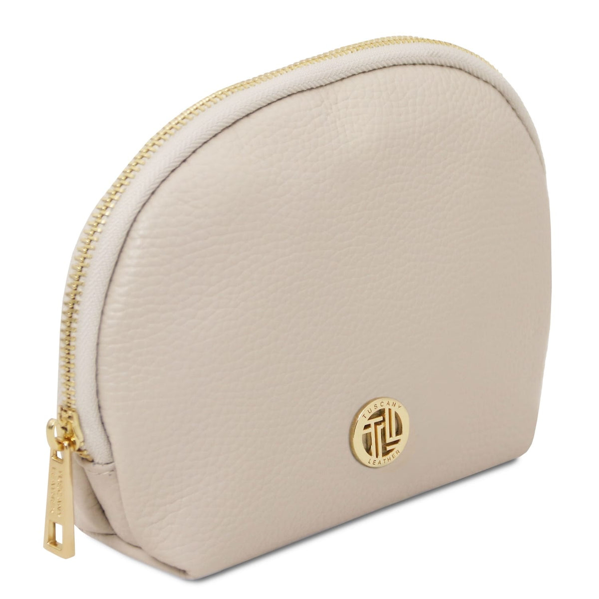 Vera pelle morbida toiletry case in beige con zip color oro e circular logo plaque