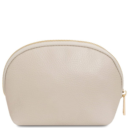 Beauty case in morbida pelle beige con finitura testurizzata e zip dorata