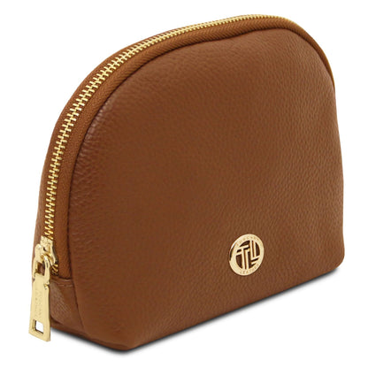 Vera pelle morbida toiletry case in marrone chiaro con zip color oro e round emblema logo color oro