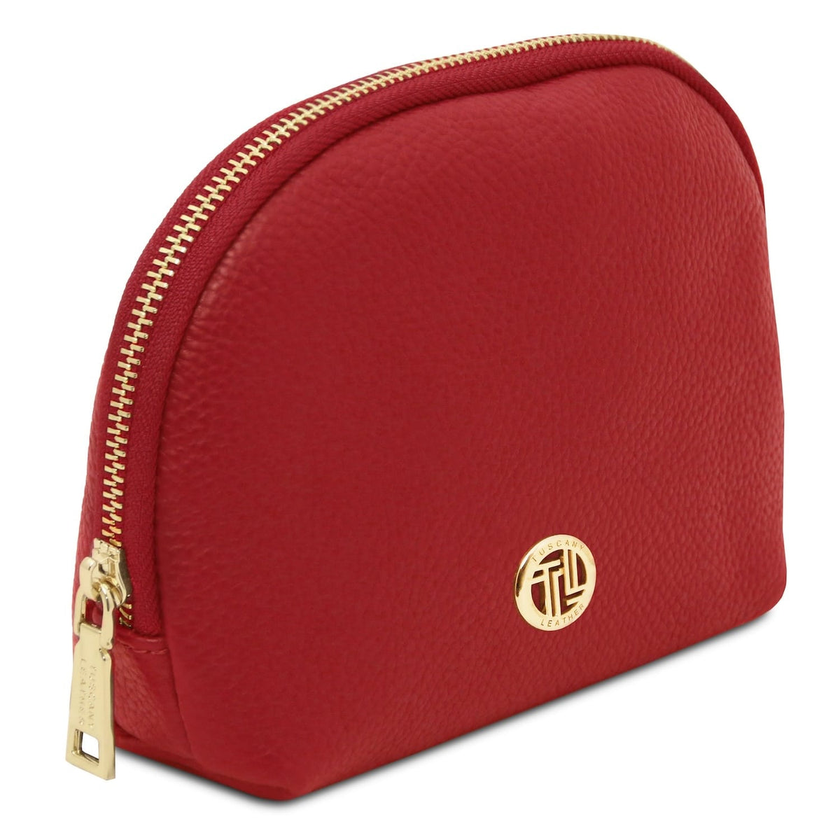 Top angled view of rosso pelle martellata Vera toiletry case con a zip color oro along the curved edge.