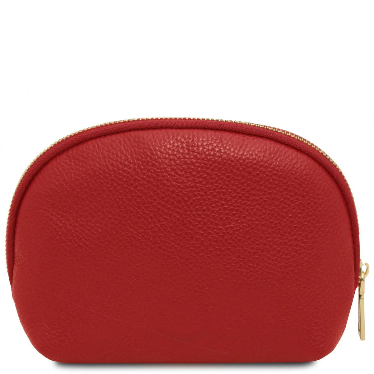 Front-right perspective of rosso Vera leather toiletry case con a zip color oro e texturosso grain.