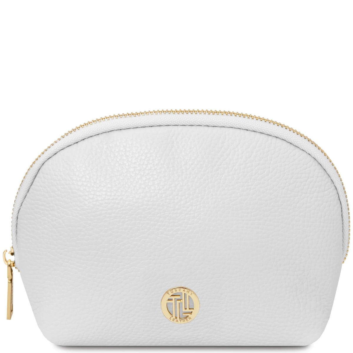 Bianco pelle morbida toiletry case con curved silhouette, zip color oro, e small round metal emblem on front center.