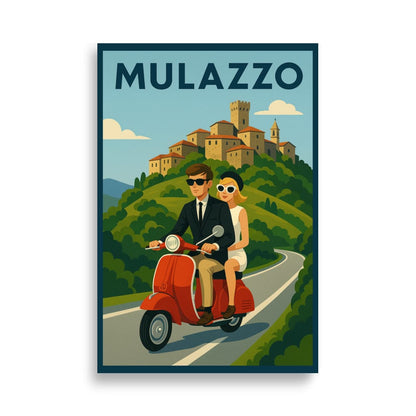Poster 61×91 cm Vintage Travel Poster - Mulazzo, Italy - Couple on Vespa San Rocco Italia