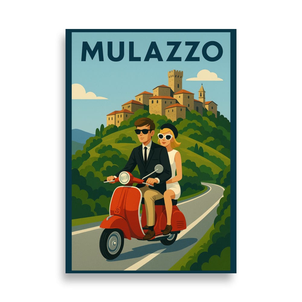 Poster 70×100 cm Vintage Travel Poster - Mulazzo, Italy - Couple on Vespa San Rocco Italia