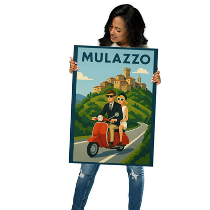 Poster Vintage Travel Poster - Mulazzo, Italy - Couple on Vespa San Rocco Italia