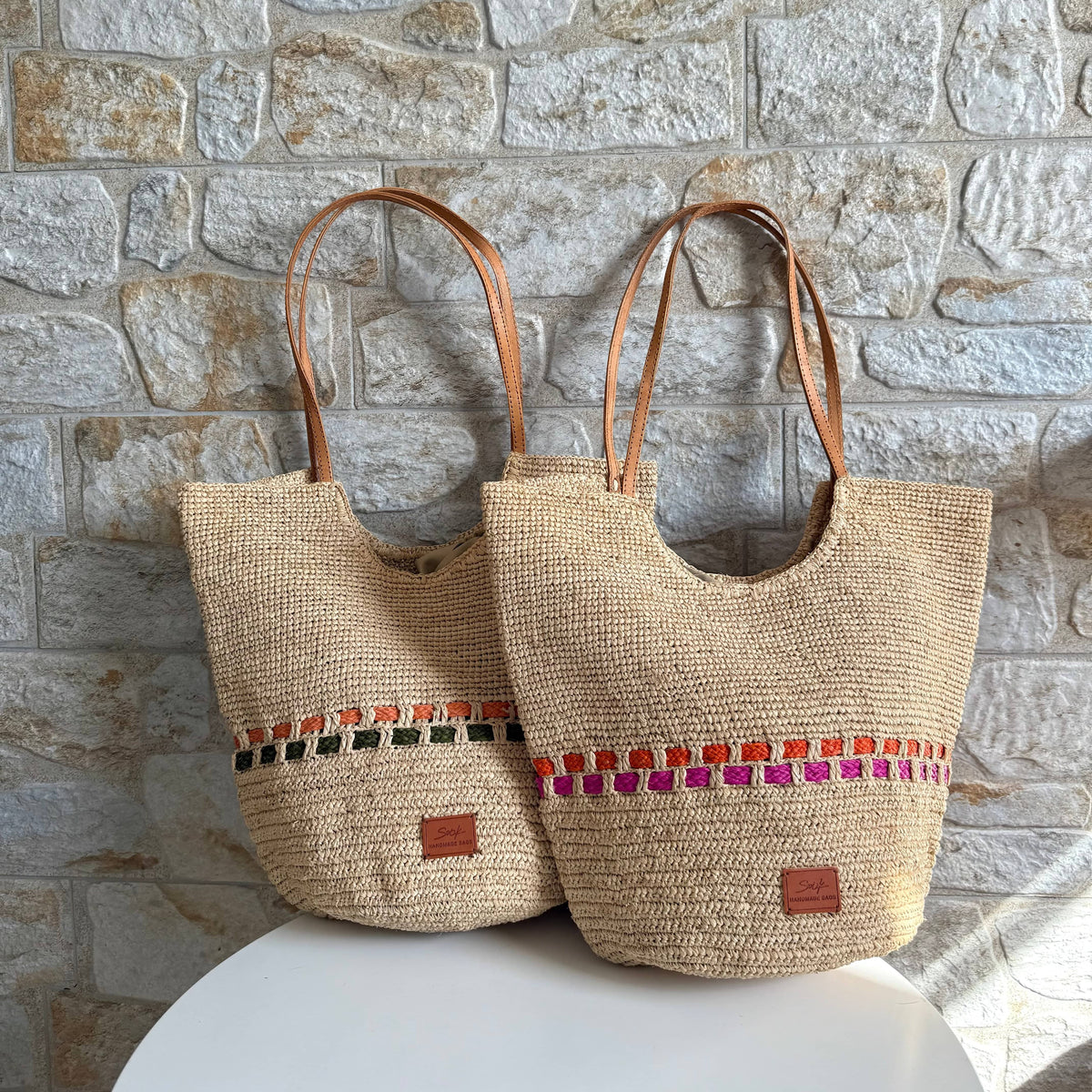 Hebag & Wallet Accessori Zola - Hemade Naturale Raffia Tote Bag - Fuchsia e Arancione San Rocco Italia