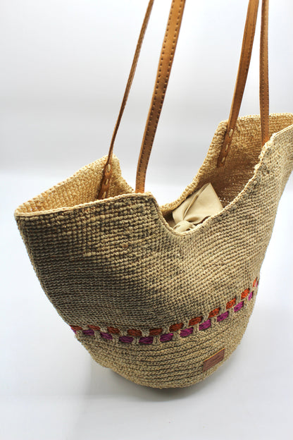 Hebag & Wallet Accessori Zola - Hemade Naturale Raffia Tote Bag - Fuchsia e Arancione San Rocco Italia
