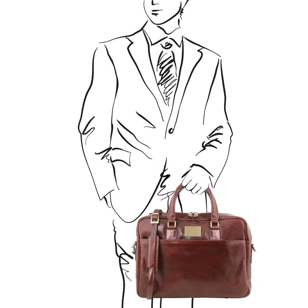 Leather laptop bags Urbino - Leather laptop briefcase 2 compartments with front pocket | TL141894 San Rocco Italia