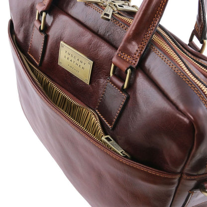 Leather laptop bags Urbino - Leather laptop briefcase 2 compartments with front pocket | TL141894 San Rocco Italia