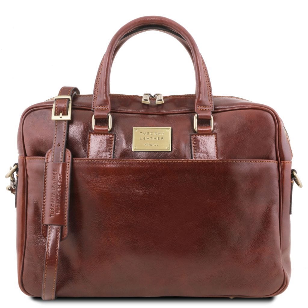Leather laptop bags Brown Urbino - Leather laptop briefcase 2 compartments with front pocket | TL141894 San Rocco Italia