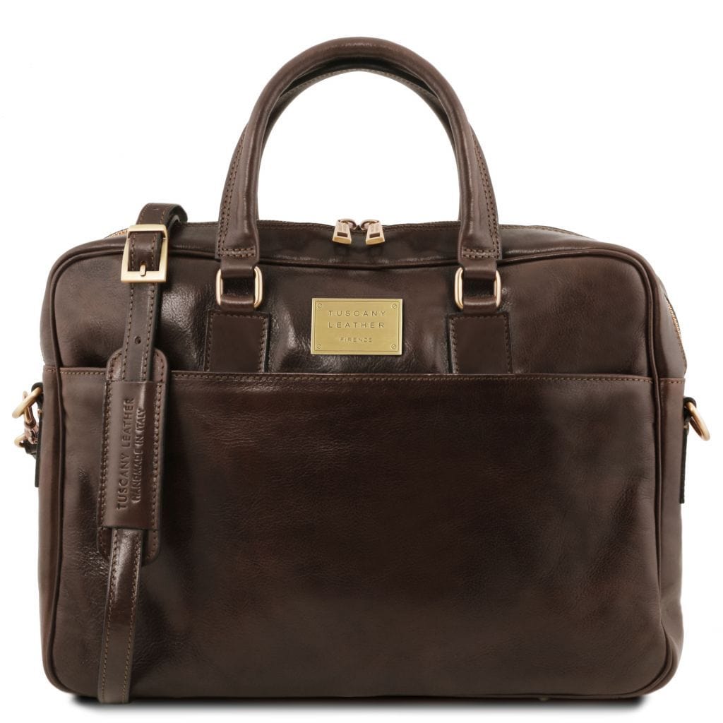 Leather laptop bags Dark Brown Urbino - Leather laptop briefcase 2 compartments with front pocket | TL141894 San Rocco Italia