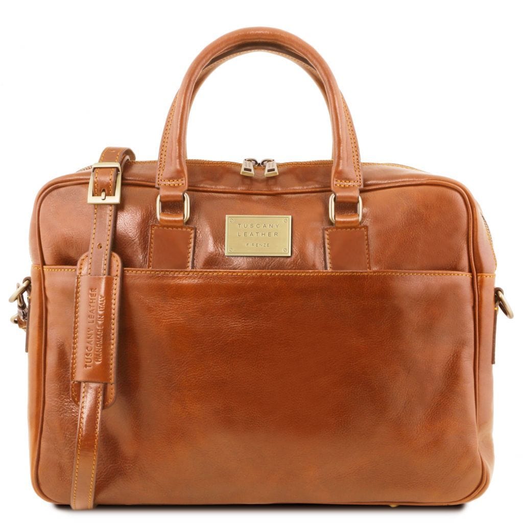 Leather laptop bags Honey Urbino - Leather laptop briefcase 2 compartments with front pocket | TL141894 San Rocco Italia