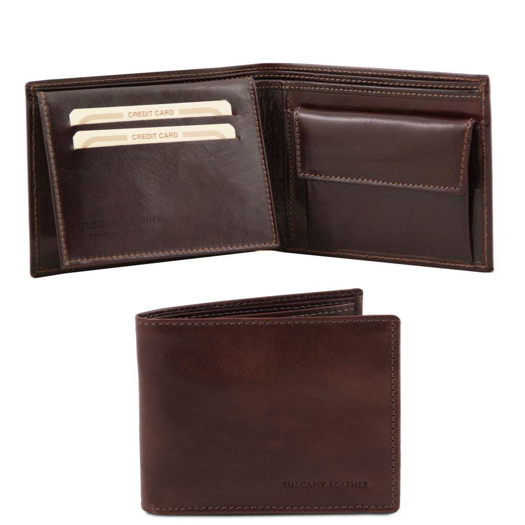 Leather wallets for men Dark Brown Exclusive leather 3 fold wallet for men with coin pocket | TL140763 San Rocco Italia